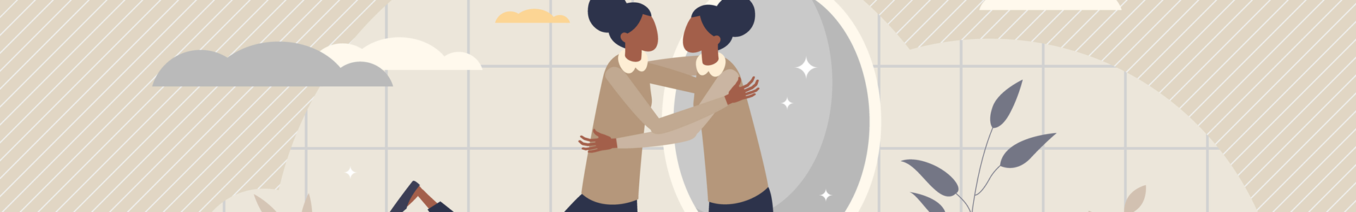Illustration of a woman showing personal wellbeing by hugging her reflection